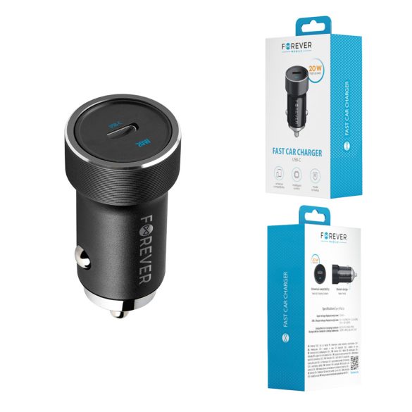 Forever CC-06 autós töltő 1xUSB-C csatlakozással 20W PD QC - fekete