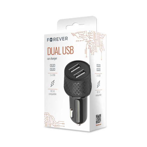 Forever LA-03 autós töltő 2xUSB-A csatlakozással 2,4A QC 3.0 - fekete
