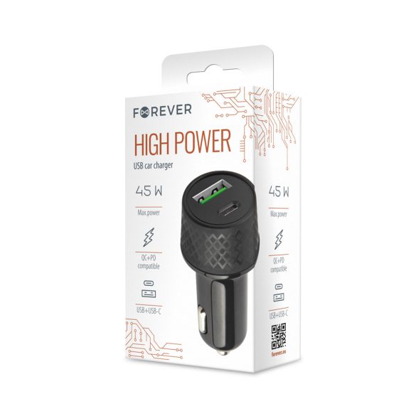 Forever LA-04 autós töltő 1xUSB-A + 1xUSB-C csatlakozással PD 45W 2,4A - fekete
