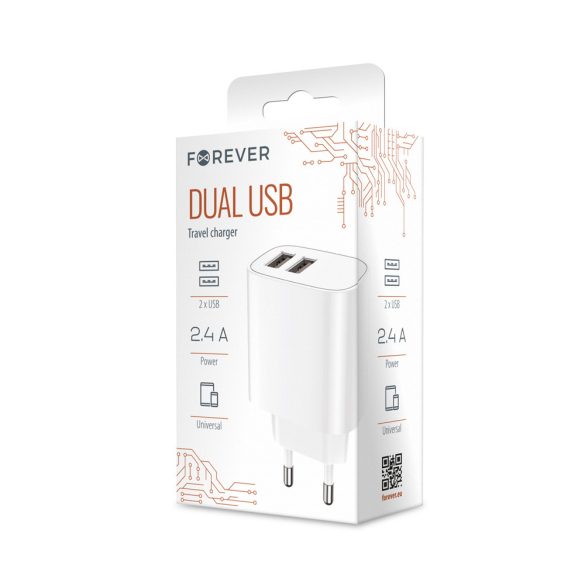 Forever LS-03 hálózati töltő 2xUSB-A csatlakozással 2.4A - fehér
