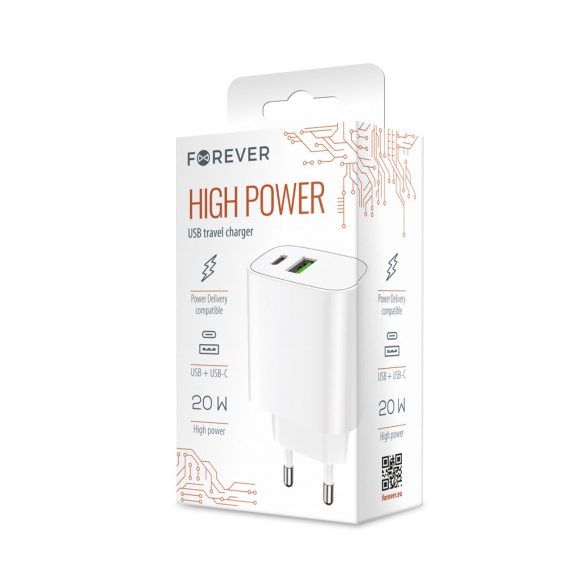 Forever LS-04 hálózati töltő 1xUSB-A és 1xUSB-C csatlakozással PD 20W - fehér