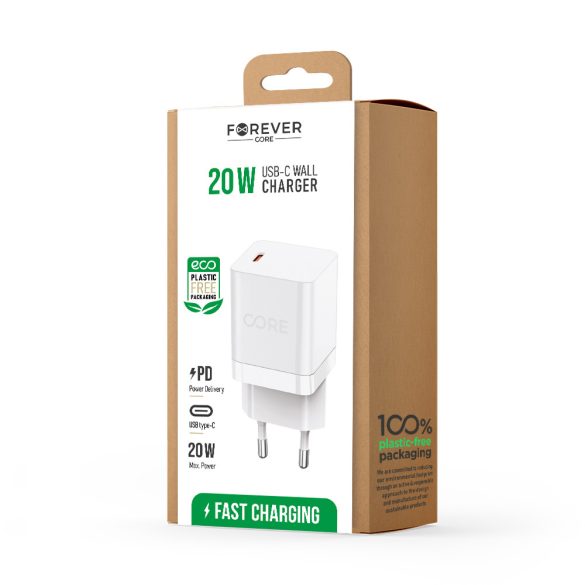 Forever Core Smart hálózati töltő 1xUSB-C csatlakozással PD 20W - fehér