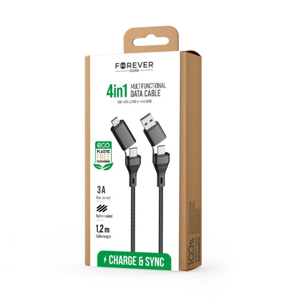 Forever CORE 4 az 1-ben USB-A/USB-C - USB-C /microUSB kábel 1,2m 3A - fekete