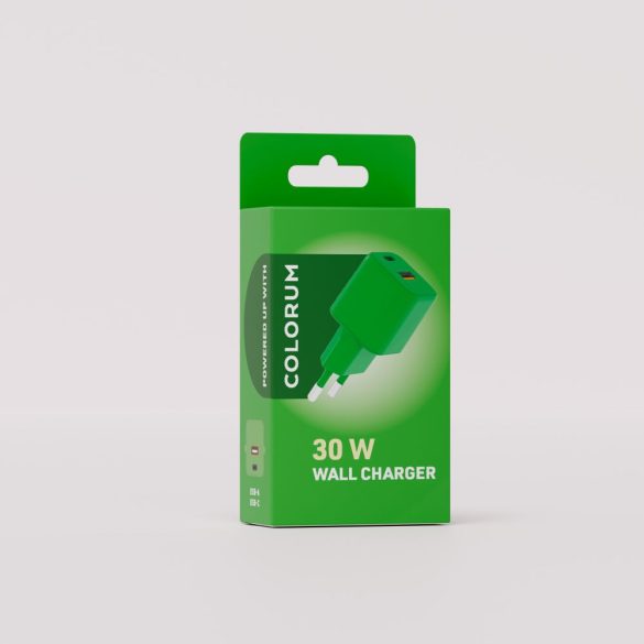 COLORUM CLS30-AC-04 hálózati töltő 1xUSB-A és 1xUSB-C csatlakozással PD 30W - zöld
