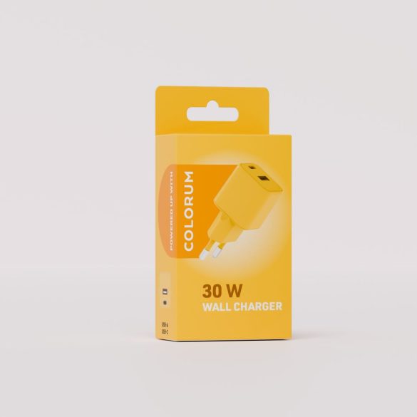 COLORUM CLS30-AC-05 hálózati töltő 1xUSB-A és 1xUSB-C csatlakozással PD 30W - sárga