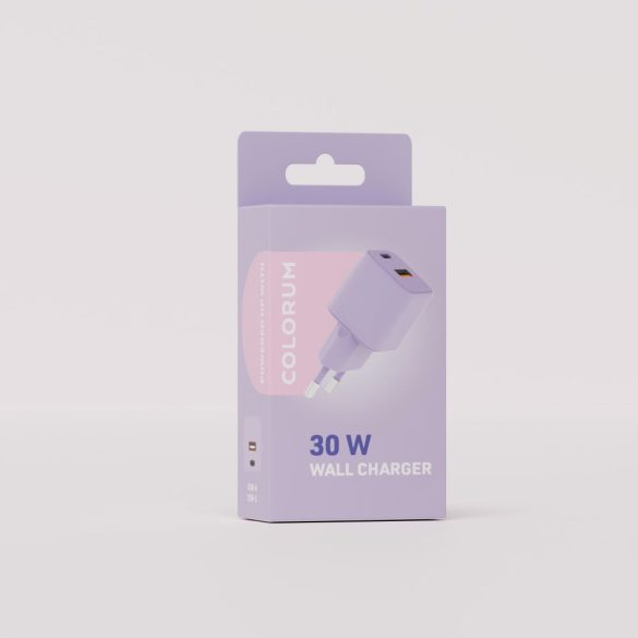 COLORUM CLS30-AC-09 hálózati töltő 1xUSB-A és 1xUSB-C csatlakozással PD 30W - levendula
