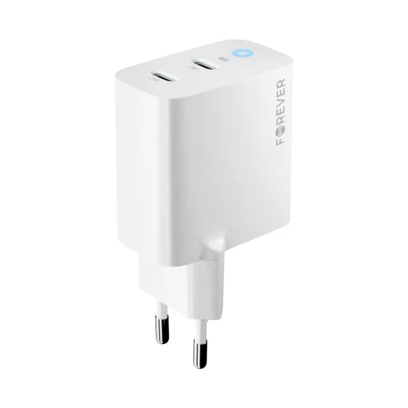Forever TC-06-65CC hálózati töltő 2xUSB-C csatlakozással GaN PD QC 65W - fehér