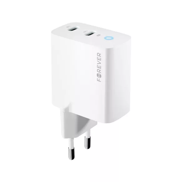 Forever TC-06-65CC hálózati töltő 2xUSB-C csatlakozással GaN PD QC 65W - fehér