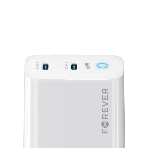 Forever TC-06-65CC hálózati töltő 2xUSB-C csatlakozással GaN PD QC 65W - fehér