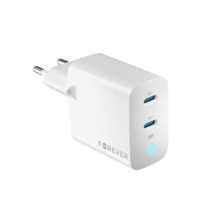 Forever TC-06-40CC hálózati töltő 2xUSB-C csatlakozással GaN PD QC 40W - fehér