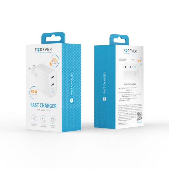 Forever TC-06-40CC hálózati töltő 2xUSB-C csatlakozással GaN PD QC 40W - fehér