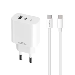   Maxlife MXTC-06-30AC hálózati töltő 1xUSB-A és 1xUSB-C csatlakozással + USB-C - USB-C kábel PD QC 30W - fehér