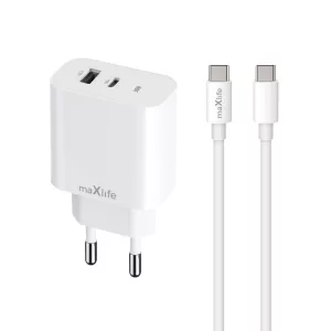 Maxlife MXTC-06-30AC hálózati töltő 1xUSB-A és 1xUSB-C csatlakozással + USB-C - USB-C kábel PD QC 30W - fehér
