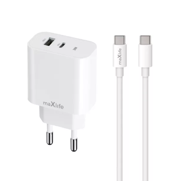 Maxlife MXTC-06-30AC hálózati töltő 1xUSB-A és 1xUSB-C csatlakozással + USB-C - USB-C kábel PD QC 30W - fehér