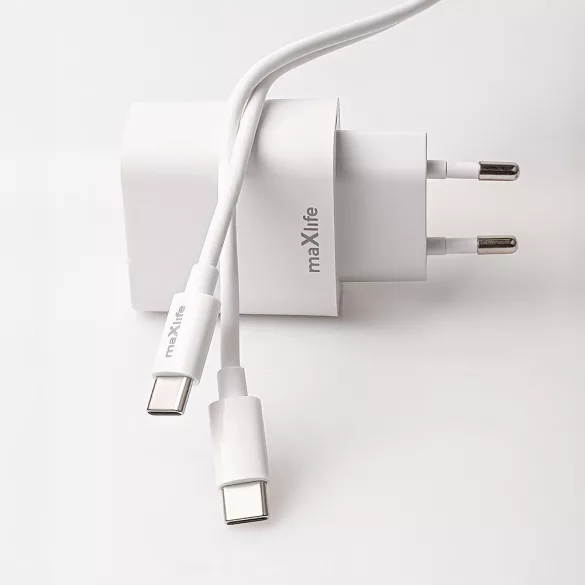 Maxlife MXTC-06-30AC hálózati töltő 1xUSB-A és 1xUSB-C csatlakozással + USB-C - USB-C kábel PD QC 30W - fehér
