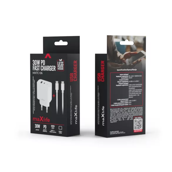 Maxlife MXTC-06-30AC hálózati töltő 1xUSB-A és 1xUSB-C csatlakozással + USB-C - USB-C kábel PD QC 30W - fehér