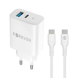   Forever TC-07-30AC hálózati töltő 1xUSB-A és 1xUSB-C csatlakozással + USB-C - USB-C kábel PD QC 30W - fehér