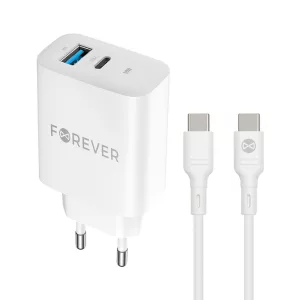 Forever TC-07-30AC hálózati töltő 1xUSB-A és 1xUSB-C csatlakozással + USB-C - USB-C kábel PD QC 30W - fehér