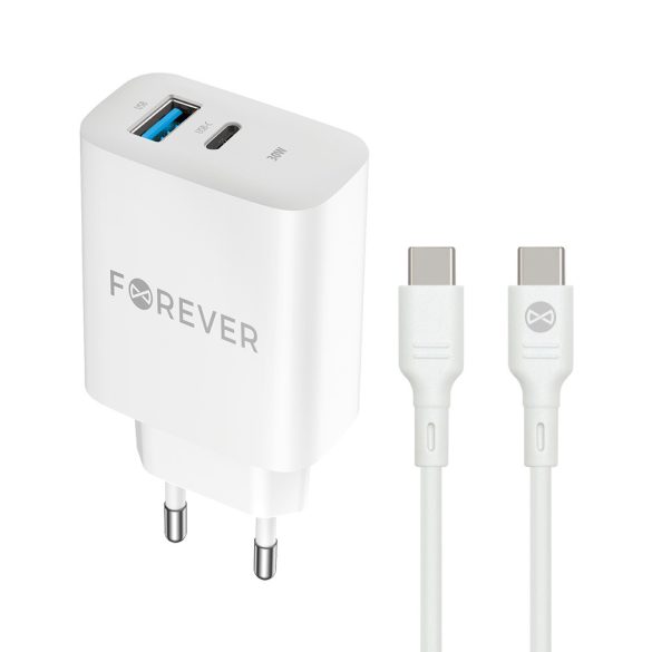 Forever TC-07-30AC hálózati töltő 1xUSB-A és 1xUSB-C csatlakozással + USB-C - USB-C kábel PD QC 30W - fehér