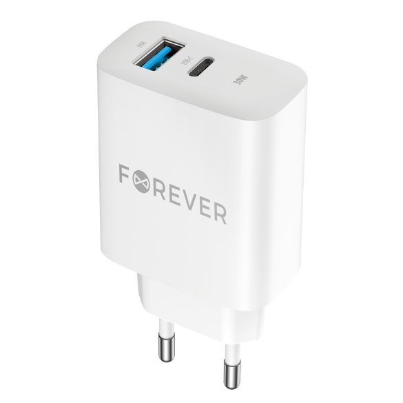 Forever TC-07-30AC hálózati töltő 1xUSB-A és 1xUSB-C csatlakozással + USB-C - USB-C kábel PD QC 30W - fehér