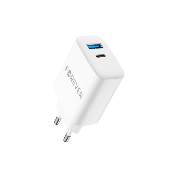 Forever TC-07-30AC hálózati töltő 1xUSB-A és 1xUSB-C csatlakozással + USB-C - USB-C kábel PD QC 30W - fehér