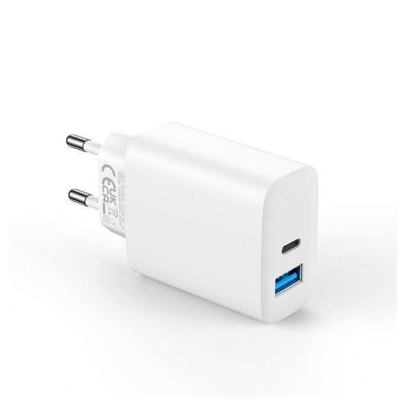Forever TC-07-30AC hálózati töltő 1xUSB-A és 1xUSB-C csatlakozással + USB-C - USB-C kábel PD QC 30W - fehér