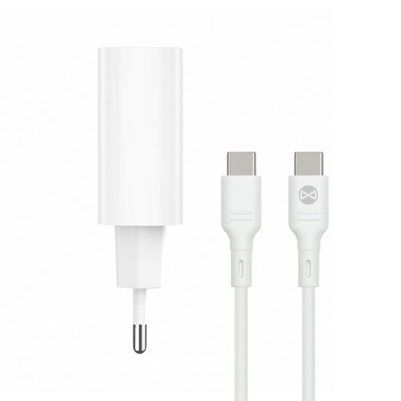 Forever TC-07-30AC hálózati töltő 1xUSB-A és 1xUSB-C csatlakozással + USB-C - USB-C kábel PD QC 30W - fehér