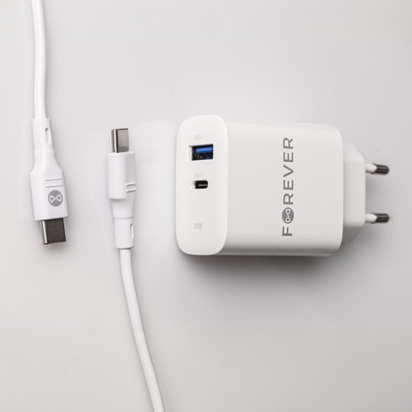 Forever TC-07-30AC hálózati töltő 1xUSB-A és 1xUSB-C csatlakozással + USB-C - USB-C kábel PD QC 30W - fehér