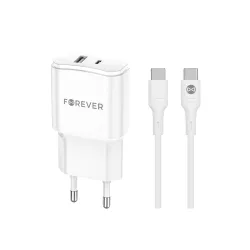  Forever TC-01-20AC hálózati töltő 1xUSB-A és 1xUSB-C csatlakozással + USB-C - USB-C kábel PD QC 20W - fehér