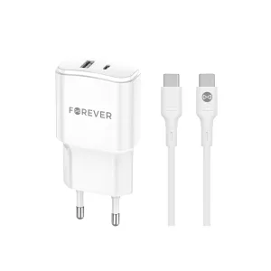 Forever TC-01-20AC hálózati töltő 1xUSB-A és 1xUSB-C csatlakozással + USB-C - USB-C kábel PD QC 20W - fehér