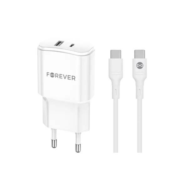 Forever TC-01-20AC hálózati töltő 1xUSB-A és 1xUSB-C csatlakozással + USB-C - USB-C kábel PD QC 20W - fehér