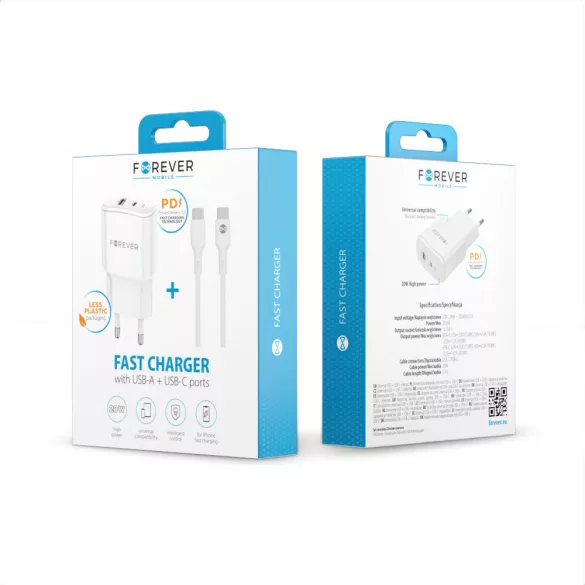 Forever TC-01-20AC hálózati töltő 1xUSB-A és 1xUSB-C csatlakozással + USB-C - USB-C kábel PD QC 20W - fehér