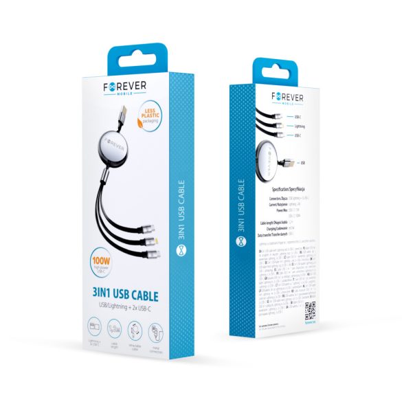Forever USB-A - Type-C/Lightning kábel 100W 1.2m - fekete