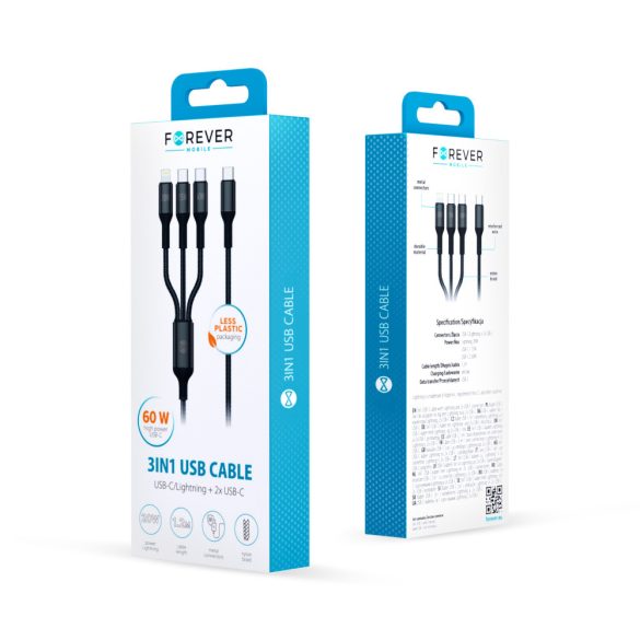 Forever Type-C - Lightning/Type-C kábel 60W 1.2m - fekete