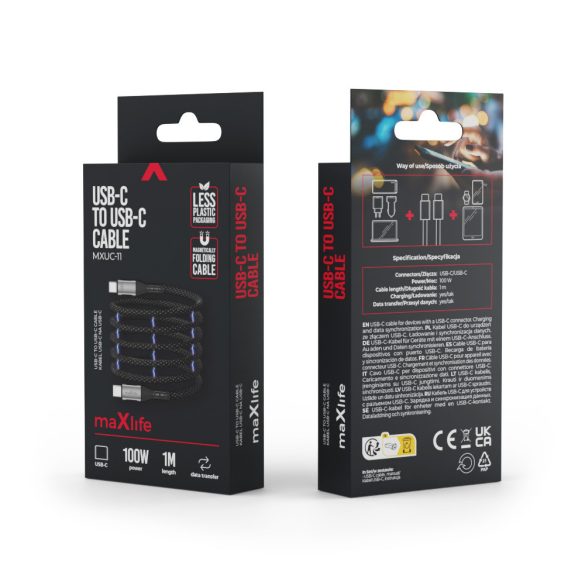 Maxlife MXUC-11 Type-C - Type-C kábel 100W 1m - fekete