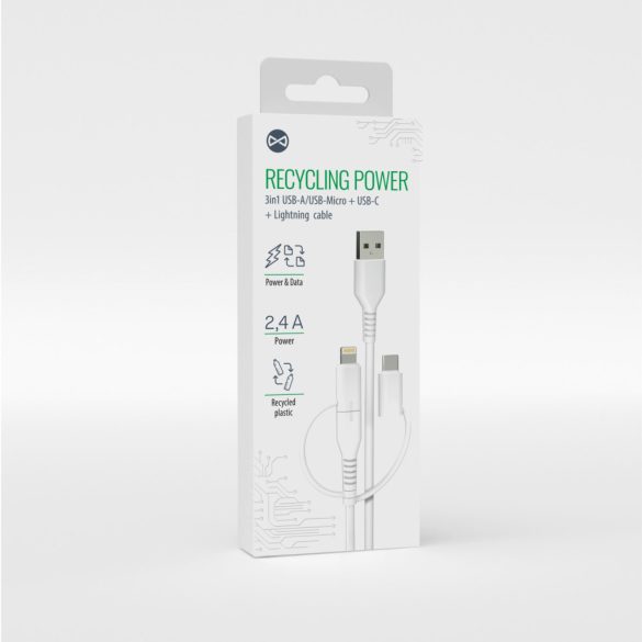 Forever Recycling kábel 3w1 1,5m 2,4A USB-A -USB-C+ microUSB + Lightning KR3W1-00 fehér