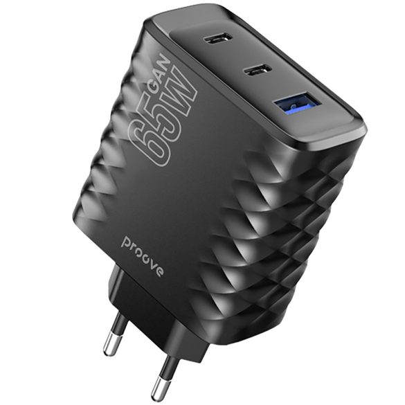 Proove Speed ​​Surge hálózati töltő 1xUSB-A és 2xUSB-C csatlakozással GaN 65W - fekete