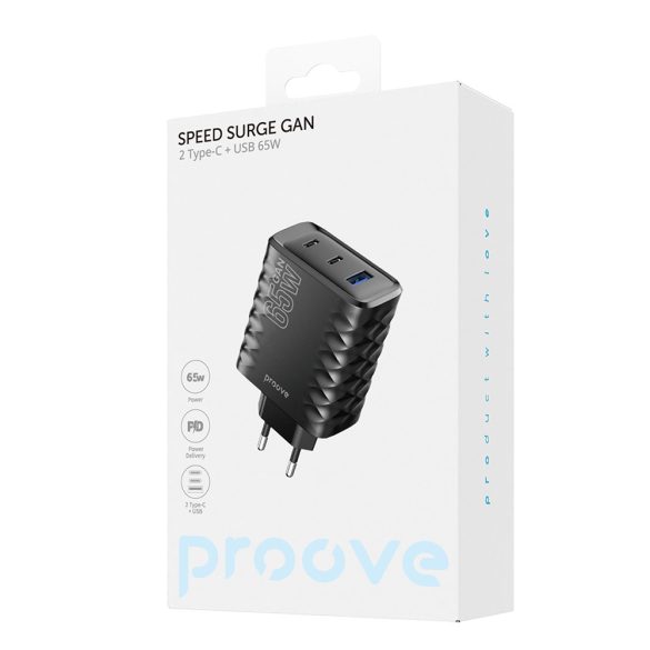 Proove Speed ​​Surge hálózati töltő 1xUSB-A és 2xUSB-C csatlakozással GaN 65W - fekete