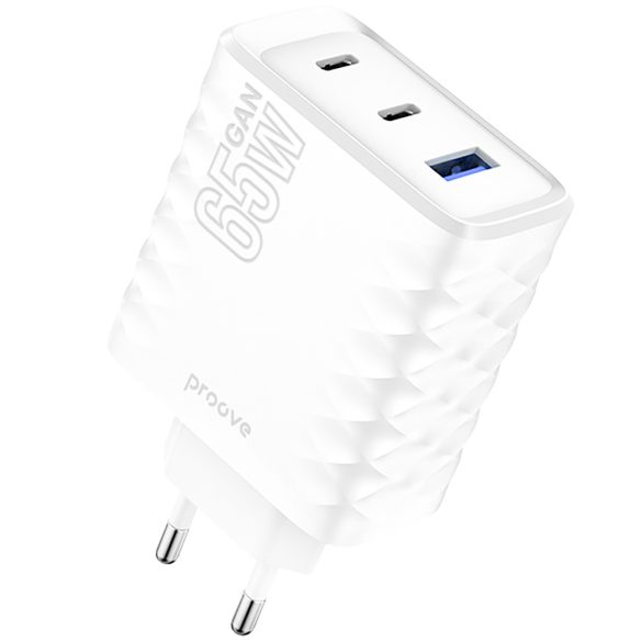 Proove Speed ​​Surge hálózati töltő 1xUSB-A és 2xUSB-C csatlakozással GaN 65W - fehér