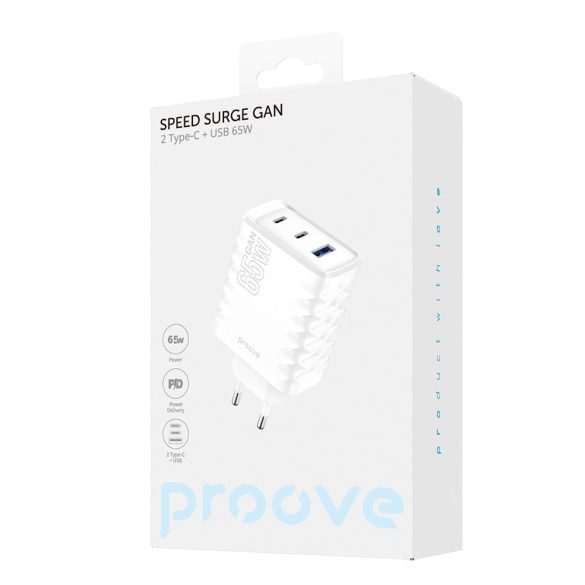 Proove Speed ​​Surge hálózati töltő 1xUSB-A és 2xUSB-C csatlakozással GaN 65W - fehér