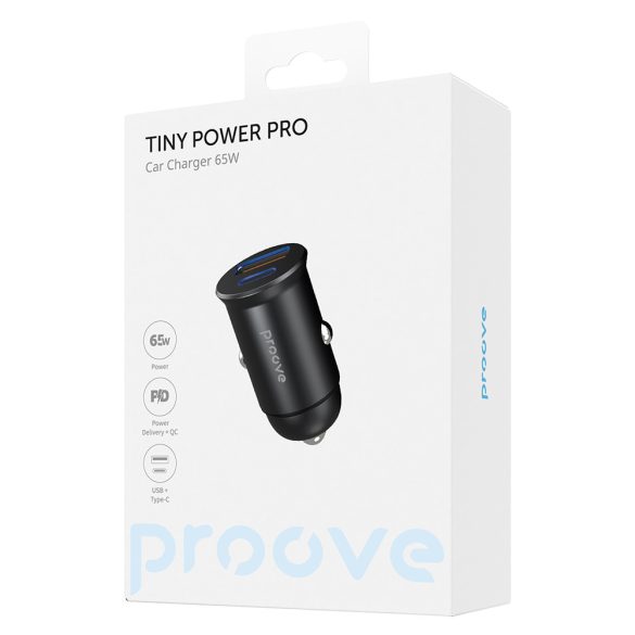 Proove Tiny Power Pro autós töltő 1xUSB-A és 1xUSB-C csatlakozással 65W - fekete