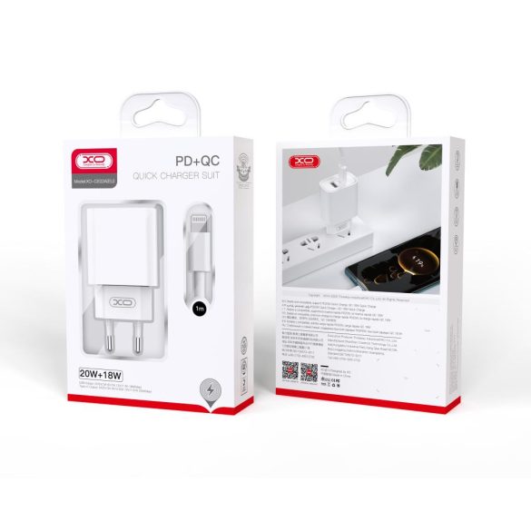 XO CE02A hálózati töltő 1xUSB-A és 1xUSB-C csatlakozással + USB-C - Lightning kábellel PD QC3.0 20W - fehér