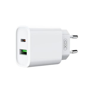 XO CE02A hálózati töltő 1xUSB-A és 1xUSB-C csatlakozással + USB-C - USB-C kábellel PD QC3.0 20W - fehér