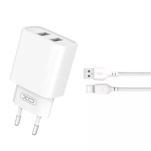 XO CE02C hálózati töltő 2xUSB-A csatlakozással + USB-C kábellel 2.1A - fehér