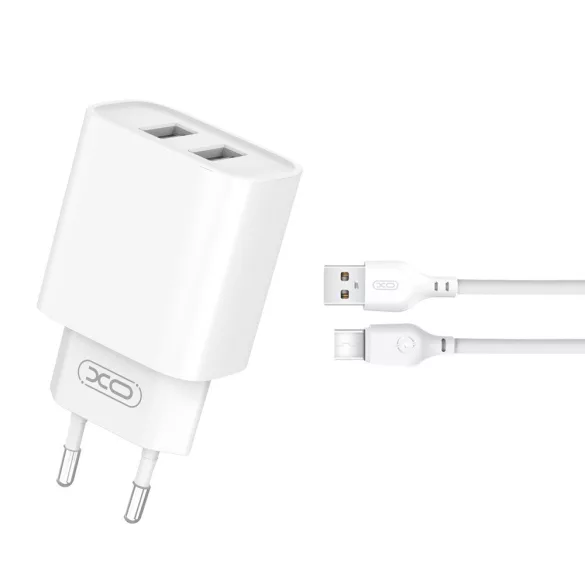 XO CE02C hálózati töltő 2xUSB-A csatlakozással + USB-C kábellel 2.1A - fehér