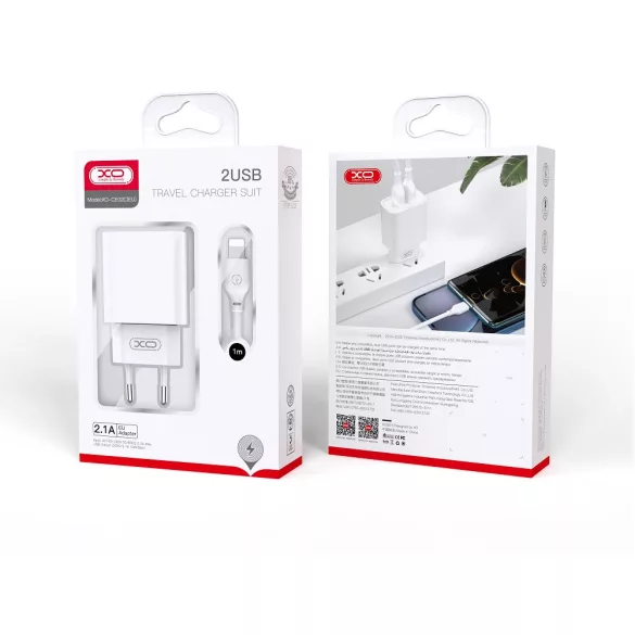 XO CE02C hálózati töltő 2xUSB-A csatlakozással + USB-C kábellel 2.1A - fehér