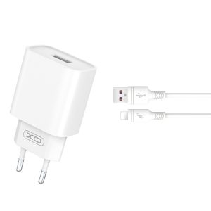 XO CE02D hálózati töltő 1xUSB-A csatlakozással + Lightning kábellel QC3.0 18W - fehér