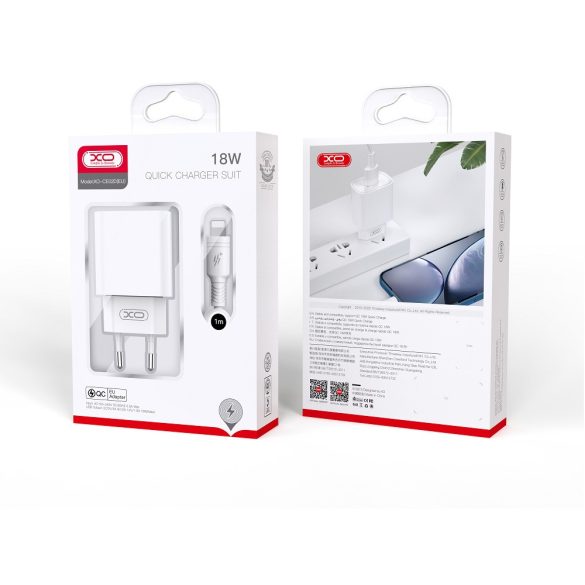XO CE02D hálózati töltő 1xUSB-A csatlakozással + Lightning kábellel QC3.0 18W - fehér