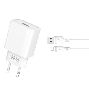 XO CE02D hálózati töltő 1xUSB-A csatlakozással + USB-C kábellel QC3.0 18W - fehér