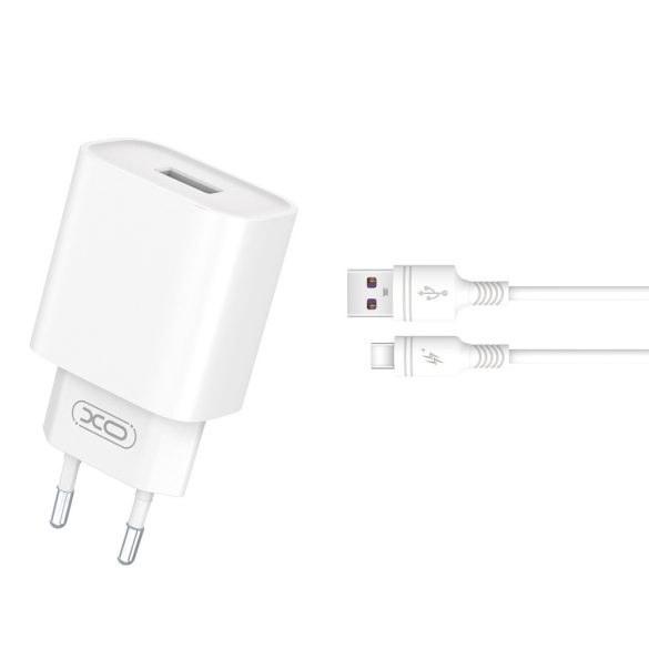 XO CE02D hálózati töltő 1xUSB-A csatlakozással + USB-C kábellel QC3.0 18W - fehér